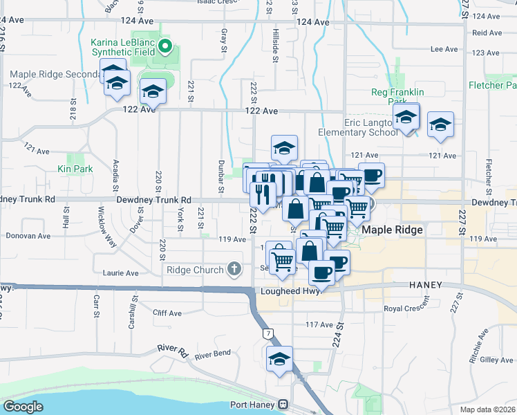 map of restaurants, bars, coffee shops, grocery stores, and more near 11951 222 Street in Maple Ridge