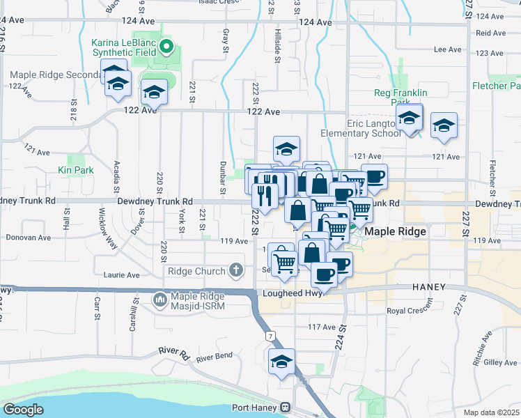 map of restaurants, bars, coffee shops, grocery stores, and more near 11980 222 Street in Maple Ridge