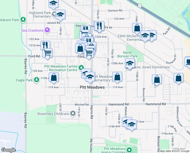 map of restaurants, bars, coffee shops, grocery stores, and more near 11960 Harris Road in Pitt Meadows