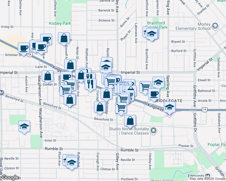 map of restaurants, bars, coffee shops, grocery stores, and more near 6287 Kingsway in Burnaby