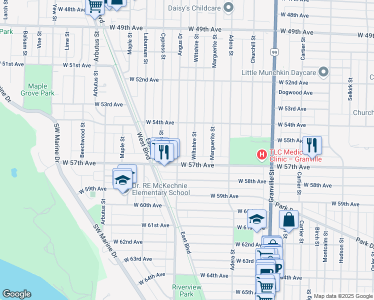 map of restaurants, bars, coffee shops, grocery stores, and more near 7215 Wiltshire Street in Vancouver