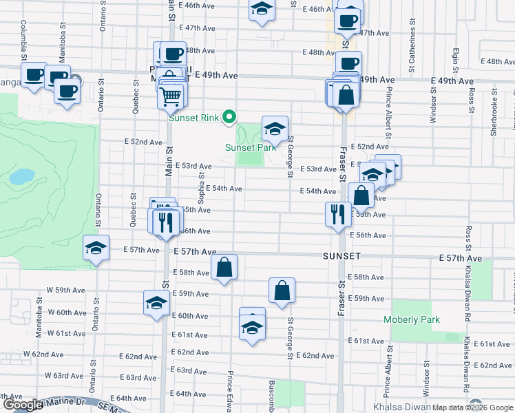 map of restaurants, bars, coffee shops, grocery stores, and more near 437 East 55th Avenue in Vancouver