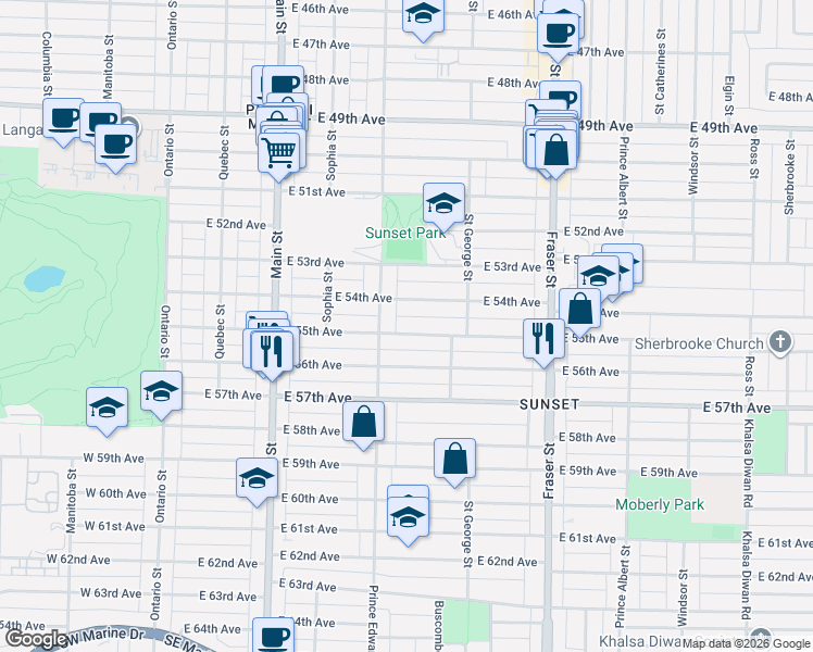 map of restaurants, bars, coffee shops, grocery stores, and more near 423 East 55th Avenue in Vancouver