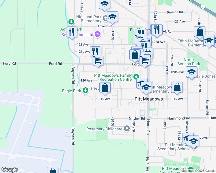 map of restaurants, bars, coffee shops, grocery stores, and more near 18985 119B Avenue in Pitt Meadows