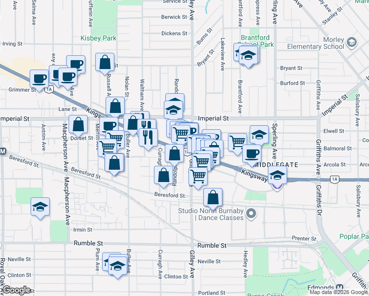 map of restaurants, bars, coffee shops, grocery stores, and more near 6285 Kingsway in Burnaby