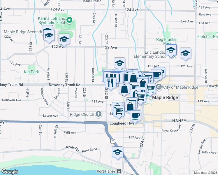 map of restaurants, bars, coffee shops, grocery stores, and more near 22225 Dewdney Trunk Road in Maple Ridge