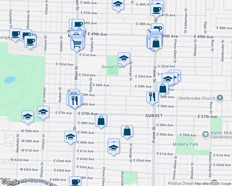 map of restaurants, bars, coffee shops, grocery stores, and more near in Vancouver