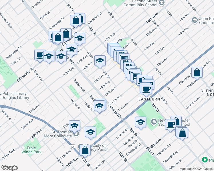 map of restaurants, bars, coffee shops, grocery stores, and more near 7766 14th Avenue in Burnaby