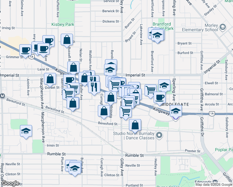 map of restaurants, bars, coffee shops, grocery stores, and more near 6285 Kingsway in Burnaby