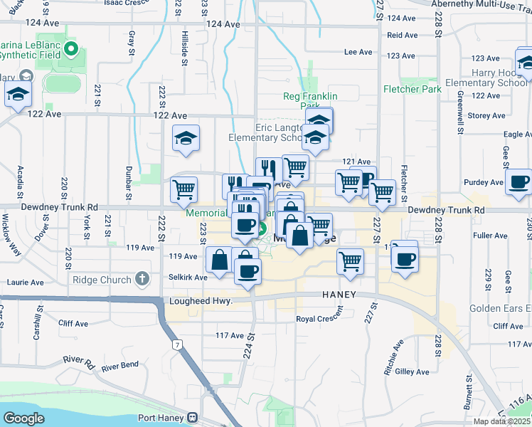map of restaurants, bars, coffee shops, grocery stores, and more near 22475 Dewdney Trunk Road in Maple Ridge