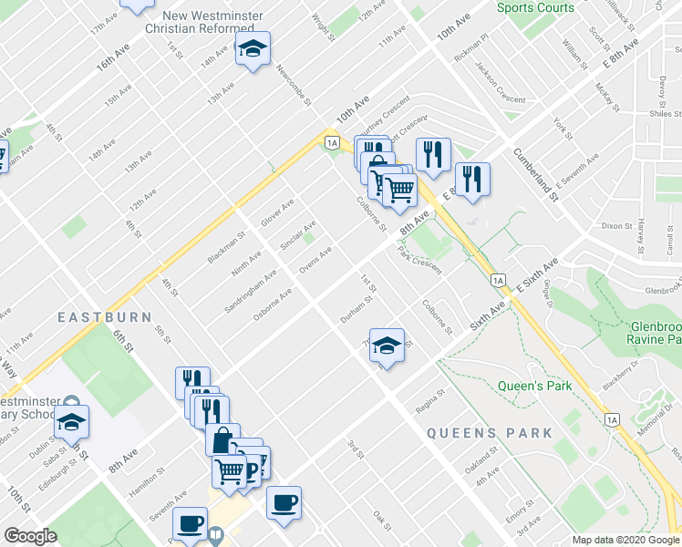 map of restaurants, bars, coffee shops, grocery stores, and more near 107 Eighth Avenue in New Westminster