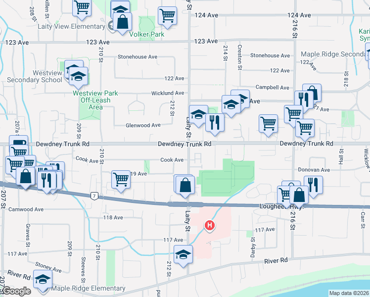 map of restaurants, bars, coffee shops, grocery stores, and more near 11997 Laity Street in Maple Ridge