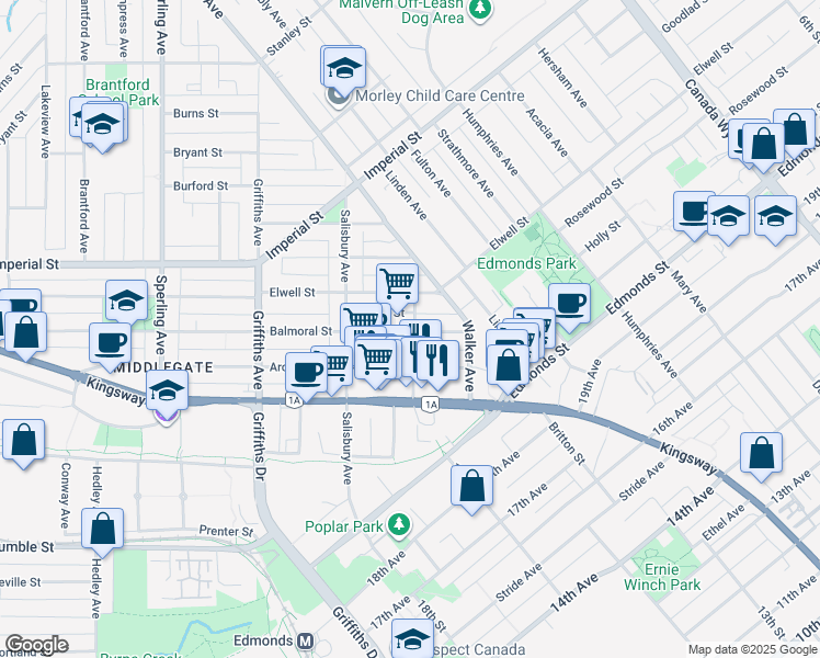 map of restaurants, bars, coffee shops, grocery stores, and more near in Burnaby