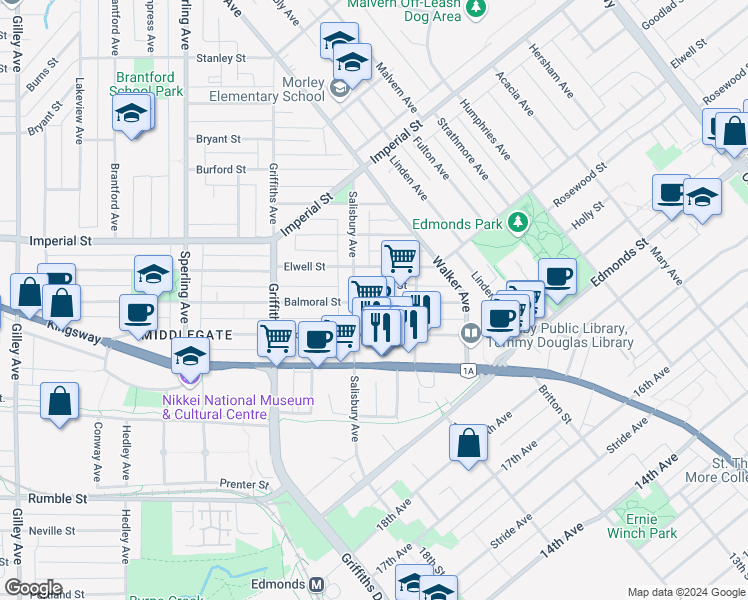 map of restaurants, bars, coffee shops, grocery stores, and more near in Burnaby