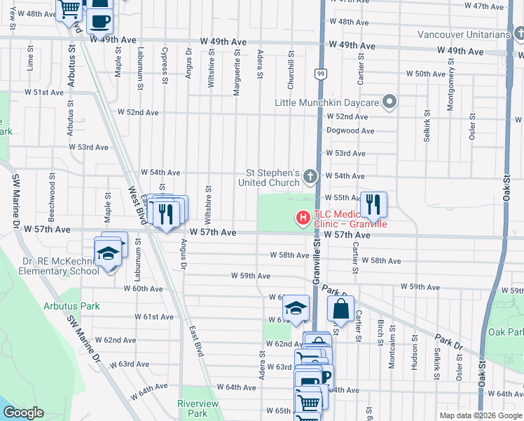 map of restaurants, bars, coffee shops, grocery stores, and more near in Vancouver