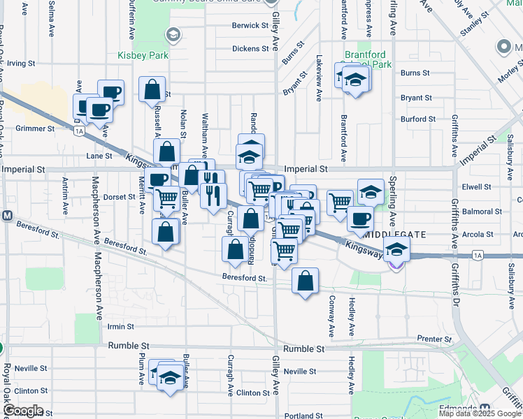 map of restaurants, bars, coffee shops, grocery stores, and more near 6283 Kingsway in Burnaby