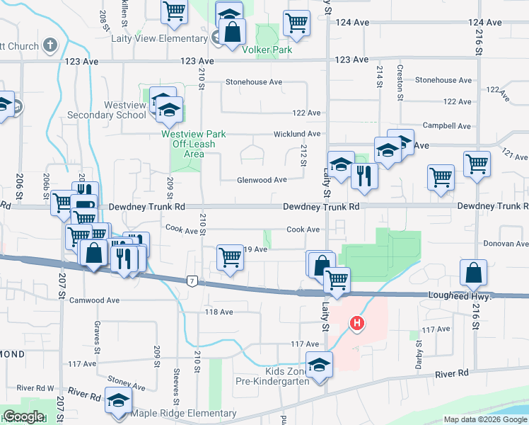 map of restaurants, bars, coffee shops, grocery stores, and more near 21141 Dewdney Trunk Road in Maple Ridge