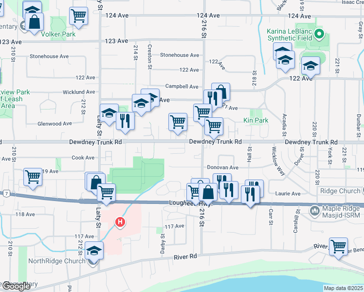 map of restaurants, bars, coffee shops, grocery stores, and more near 21550 Dewdney Trunk Road in Maple Ridge