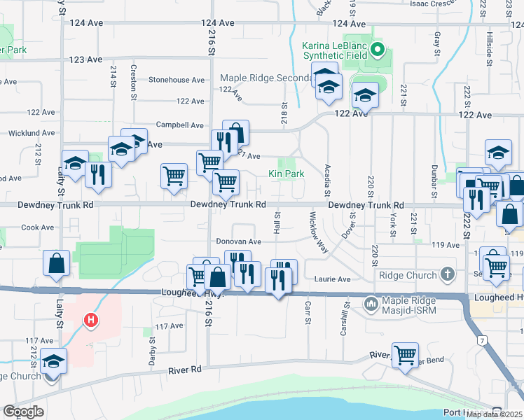 map of restaurants, bars, coffee shops, grocery stores, and more near 21722 Dewdney Trunk Road in Maple Ridge
