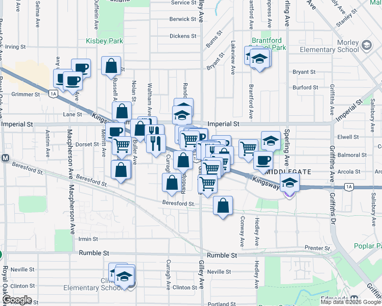 map of restaurants, bars, coffee shops, grocery stores, and more near 6907 Gilley Avenue in Burnaby
