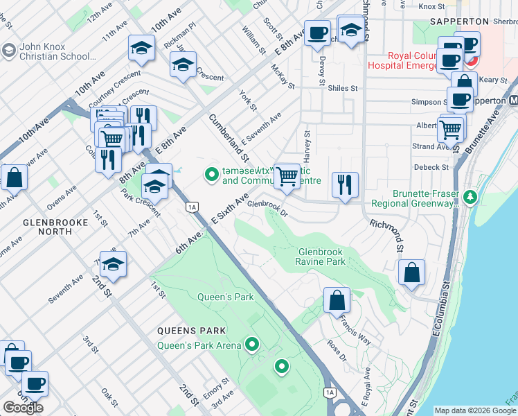 map of restaurants, bars, coffee shops, grocery stores, and more near 488 Glenbrook Drive in New Westminster