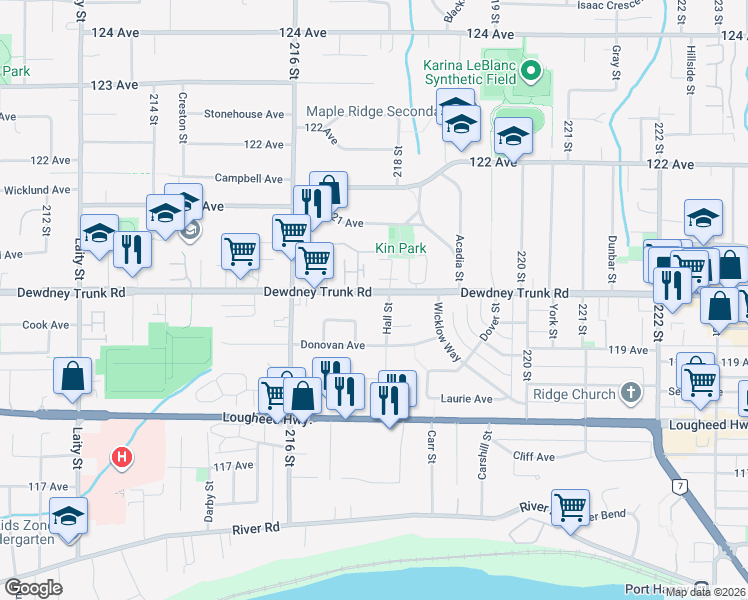 map of restaurants, bars, coffee shops, grocery stores, and more near in Maple Ridge