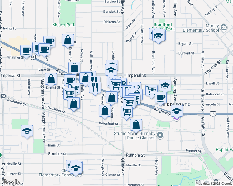 map of restaurants, bars, coffee shops, grocery stores, and more near 6283 Kingsway in Burnaby