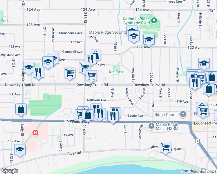 map of restaurants, bars, coffee shops, grocery stores, and more near 21734 Dewdney Trunk Road in Maple Ridge