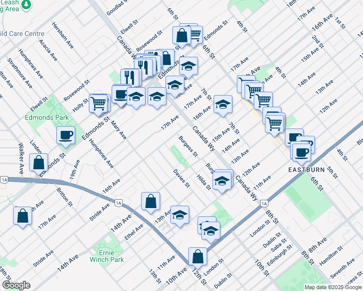 map of restaurants, bars, coffee shops, grocery stores, and more near 7535 Burgess Street in Burnaby