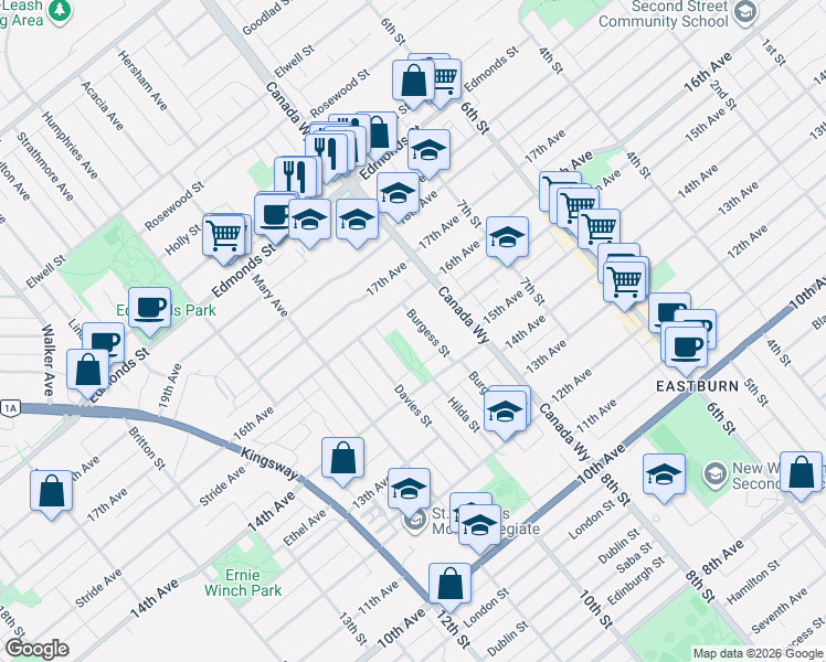 map of restaurants, bars, coffee shops, grocery stores, and more near 7535 Burgess Street in Burnaby