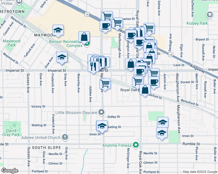map of restaurants, bars, coffee shops, grocery stores, and more near 6973 Dunblane Avenue in Burnaby