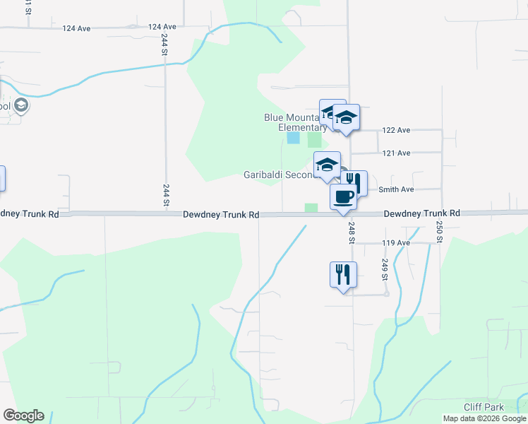 map of restaurants, bars, coffee shops, grocery stores, and more near 24611 Dewdney Trunk Road in Maple Ridge