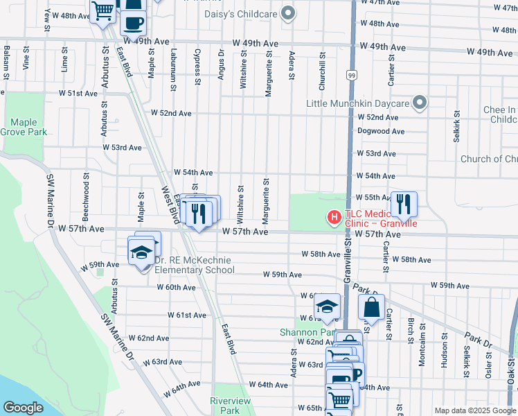 map of restaurants, bars, coffee shops, grocery stores, and more near 7187 Marguerite Street in Vancouver