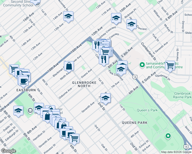 map of restaurants, bars, coffee shops, grocery stores, and more near 85 8th Avenue in New Westminster