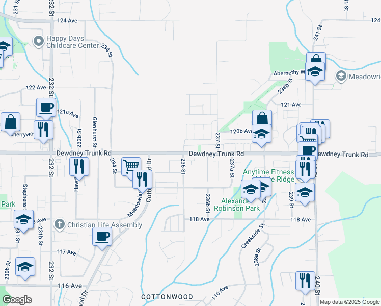 map of restaurants, bars, coffee shops, grocery stores, and more near 23635 Dewdney Trunk Road in Maple Ridge