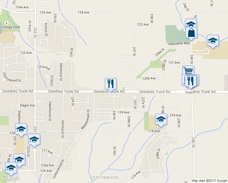 map of restaurants, bars, coffee shops, grocery stores, and more near 22561 Dewdney Trunk Road in Maple Ridge