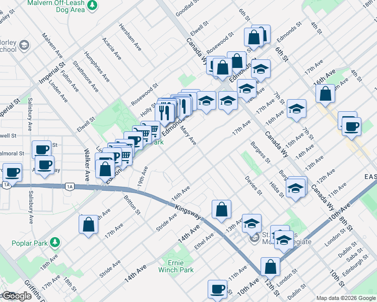 map of restaurants, bars, coffee shops, grocery stores, and more near 18th Avenue in Burnaby