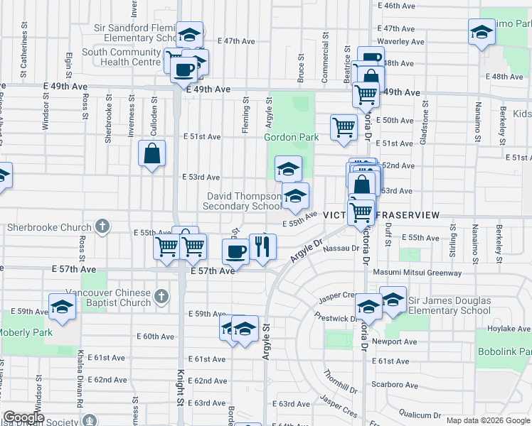 map of restaurants, bars, coffee shops, grocery stores, and more near East 54th Avenue in Vancouver