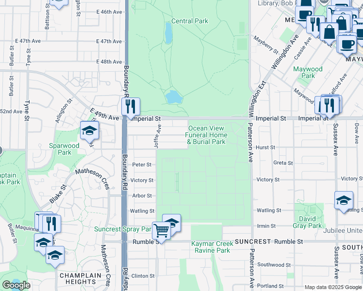 map of restaurants, bars, coffee shops, grocery stores, and more near 3881 Hurst Street in Burnaby