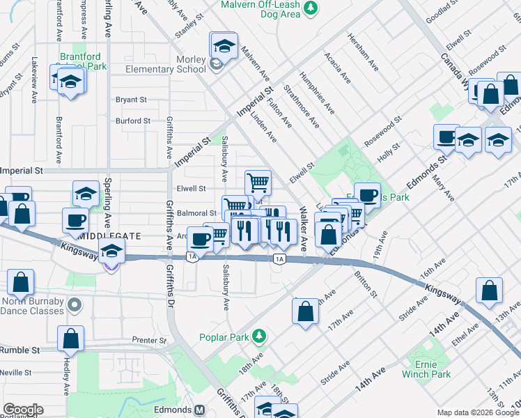 map of restaurants, bars, coffee shops, grocery stores, and more near 7178 Collier Street in Burnaby