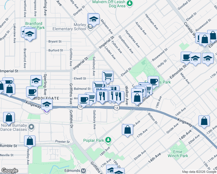 map of restaurants, bars, coffee shops, grocery stores, and more near 7178 Collier Street in Burnaby