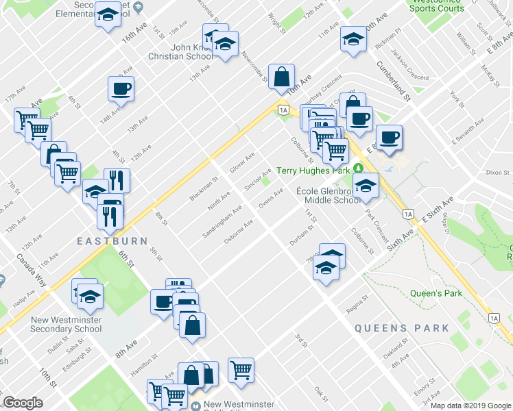 map of restaurants, bars, coffee shops, grocery stores, and more near 831 2nd Street in New Westminster