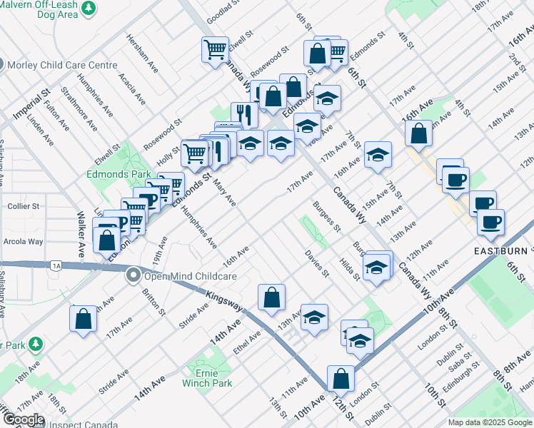 map of restaurants, bars, coffee shops, grocery stores, and more near 7581 17th Avenue in Burnaby