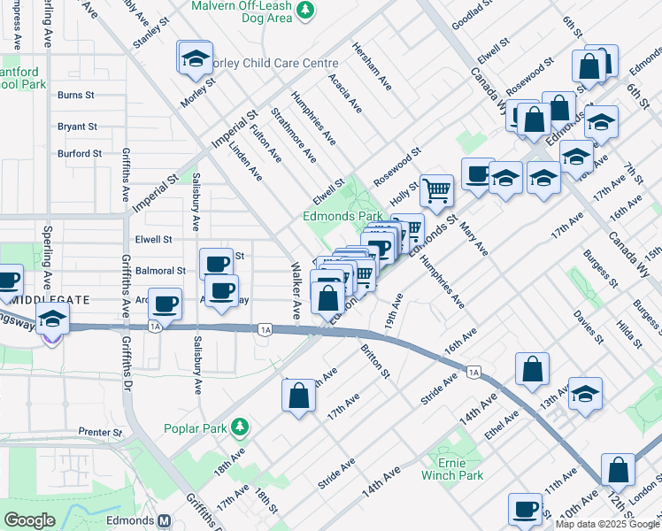 map of restaurants, bars, coffee shops, grocery stores, and more near 7165 Fulton Avenue in Burnaby