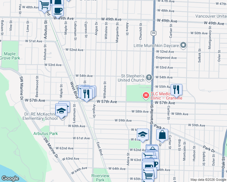 map of restaurants, bars, coffee shops, grocery stores, and more near in Vancouver