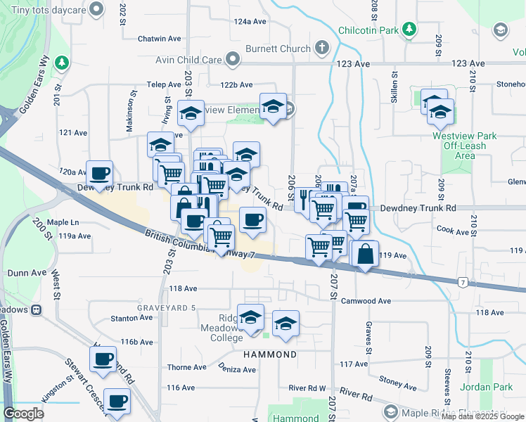 map of restaurants, bars, coffee shops, grocery stores, and more near 20542 Dewdney Trunk Road in Maple Ridge