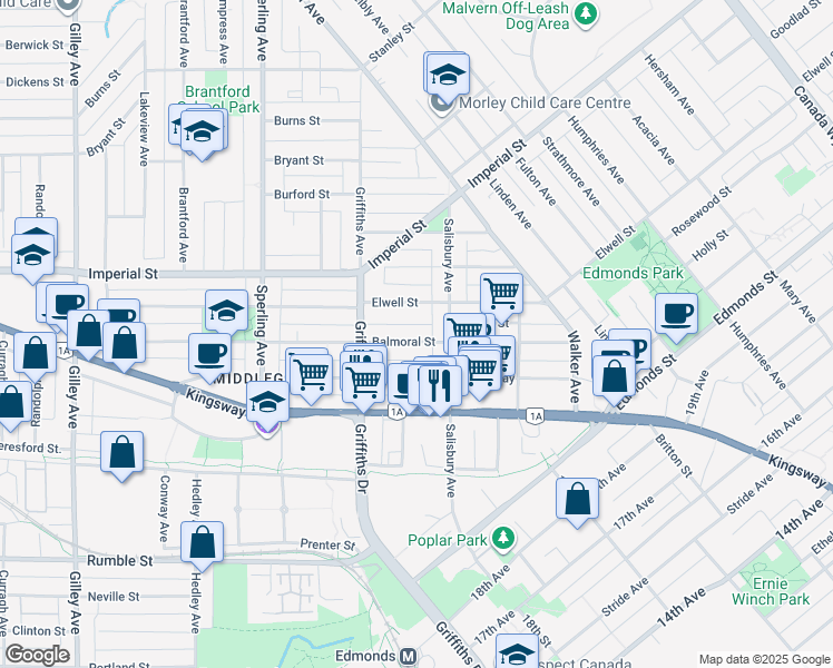 map of restaurants, bars, coffee shops, grocery stores, and more near 7035 Balmoral Street in Burnaby