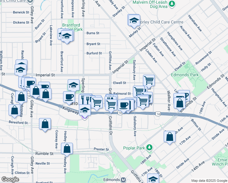 map of restaurants, bars, coffee shops, grocery stores, and more near 6929 Balmoral Street in Burnaby