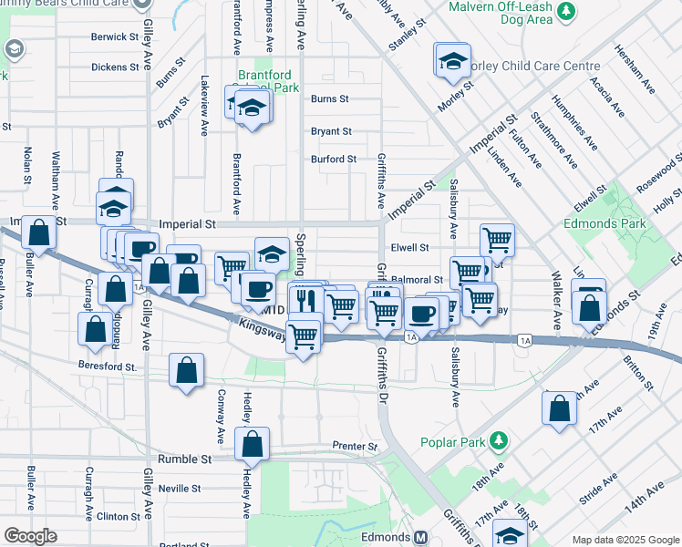 map of restaurants, bars, coffee shops, grocery stores, and more near 6777 Balmoral Street in Burnaby