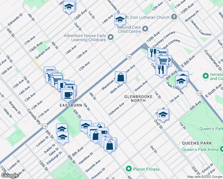 map of restaurants, bars, coffee shops, grocery stores, and more near 221 Ninth Avenue in New Westminster